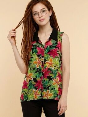 SIX DEGREES OF SEPARATION Sheer Tropical Print Top Size Large